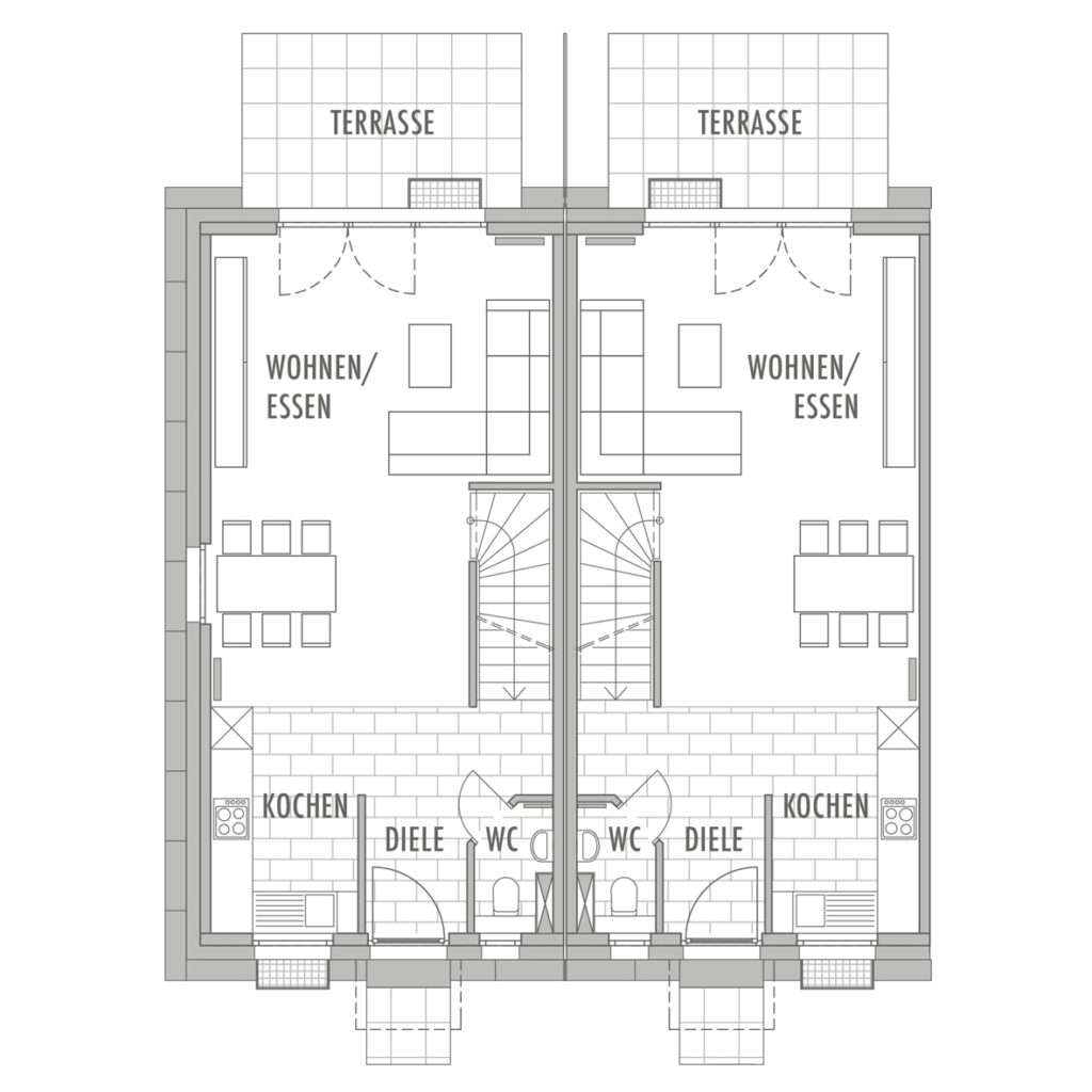 Grundrisse im Erdgeschoss der Reihenmittelhäuser und Reihenendhäuser in Achern